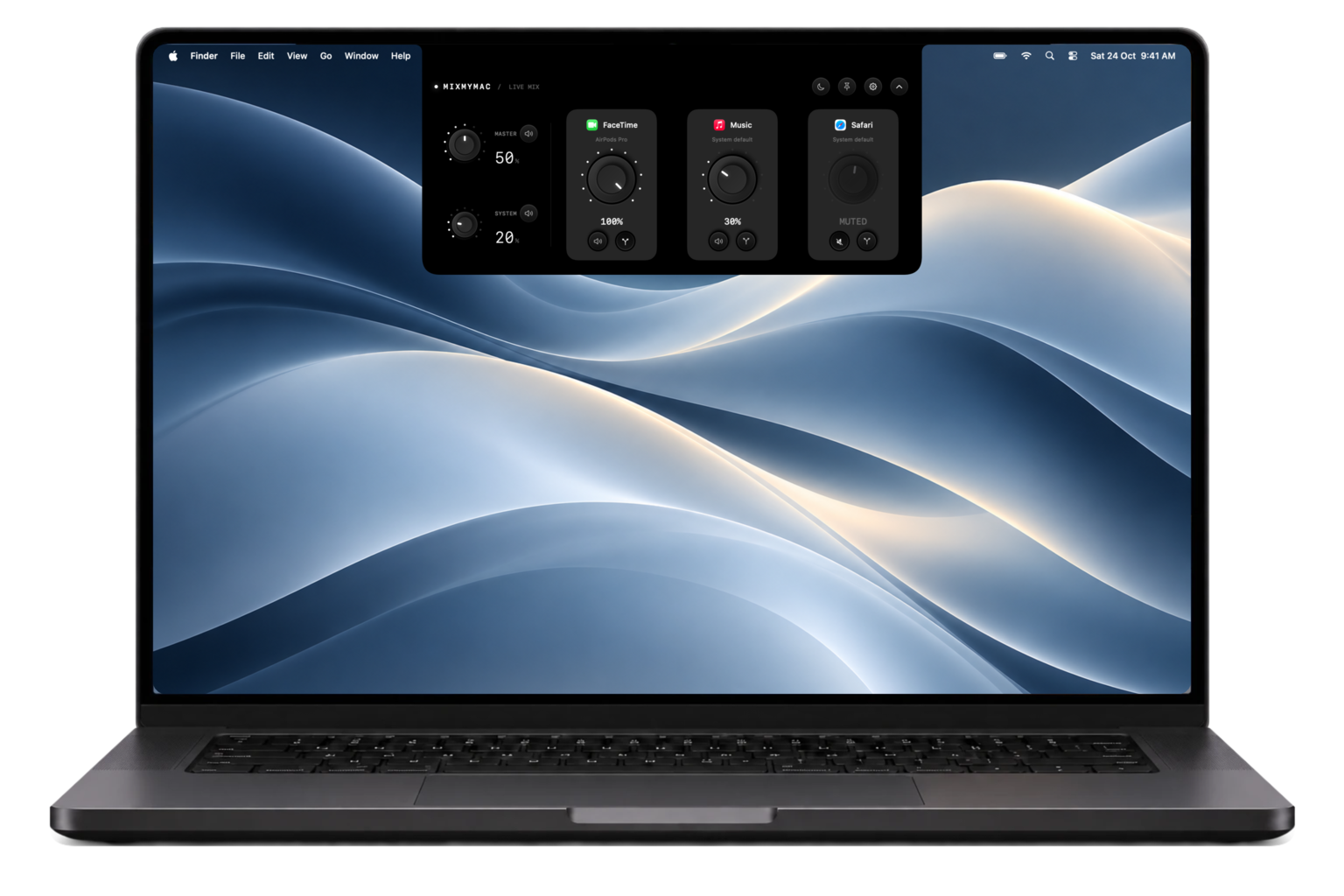 MixMyMac’s notch volume mixer on a MacBook, with separate dials for FaceTime and Music, and Safari muted.