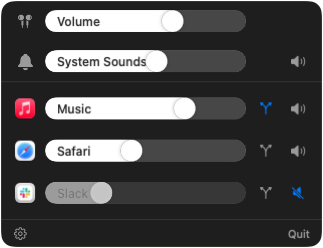 MixMyMac mixer popover with per-app volume sliders, mute buttons, and output device routing