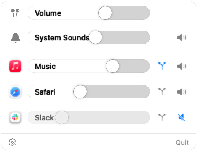 MixMyMac mixer popover with per-app volume sliders, mute buttons, and output device routing